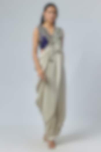 Smoke Grey Silk Thread Embroidered Draped Skirt Wedding Saree Set by Prisho at Pernia's Pop Up Shop