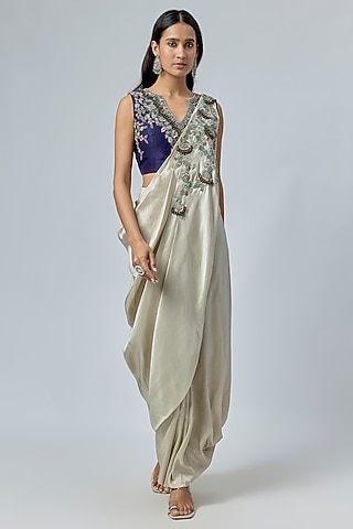 Smoke Grey Silk Thread Embroidered Draped Skirt Saree Set by Prisho