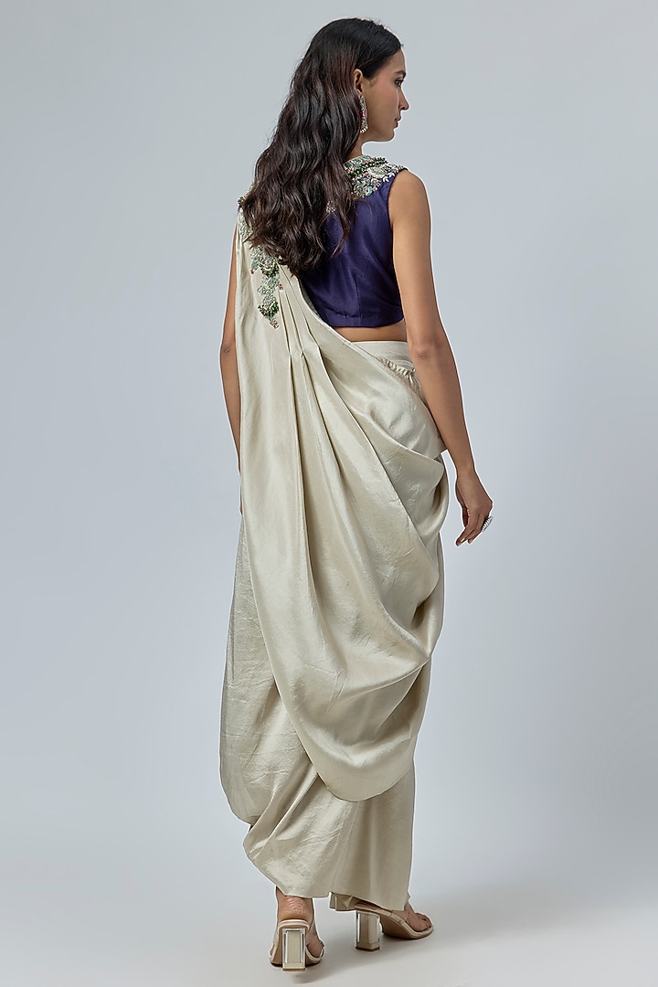 Smoke Grey Silk Thread Embroidered Draped Skirt Wedding Saree Set by Prisho at Pernia's Pop Up Shop