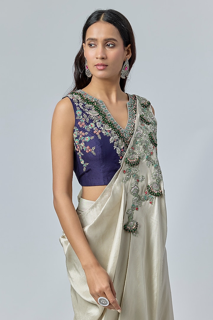 Smoke Grey Silk Thread Embroidered Draped Skirt Wedding Saree Set by Prisho at Pernia's Pop Up Shop