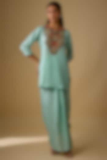 Aqua Crushed Silk Dhoti Set by Prisho at Pernia's Pop Up Shop