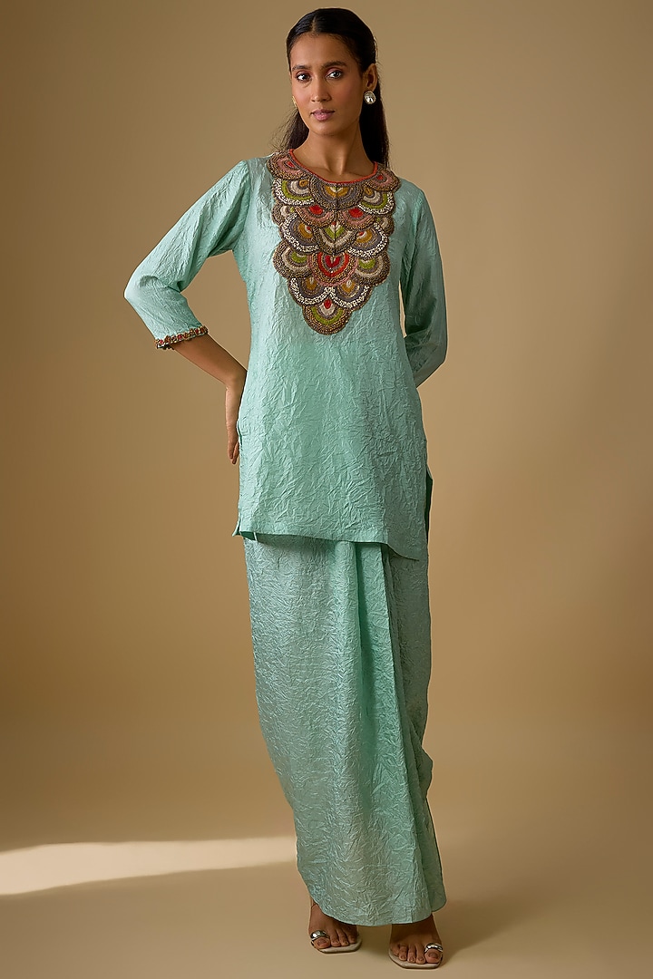 Aqua Crushed Silk Dhoti Set by Prisho at Pernia's Pop Up Shop