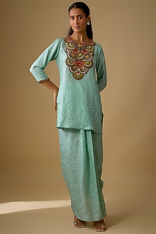 Aqua Crushed Silk Dhoti Set by Prisho