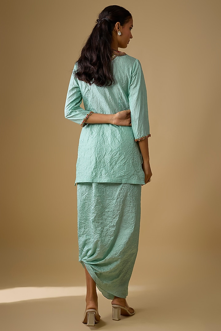 Aqua Crushed Silk Dhoti Set by Prisho at Pernia's Pop Up Shop