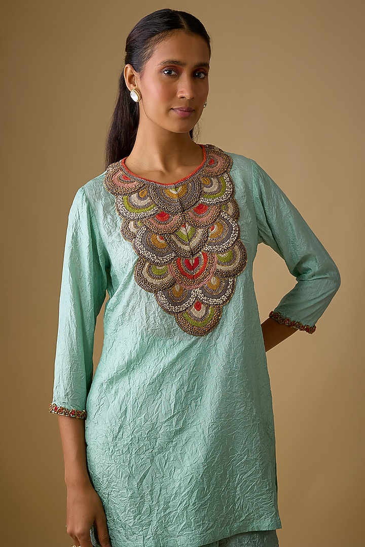 Aqua Crushed Silk Dhoti Set by Prisho at Pernia's Pop Up Shop