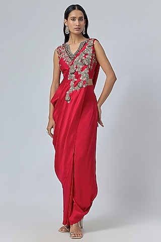 Red Silk Thread Embroidered Draped Skirt Saree Set by Prisho