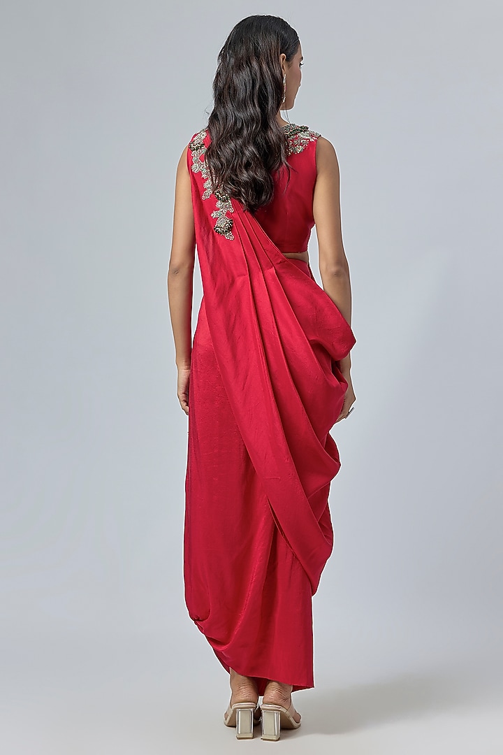 Red Silk Thread Embroidered Draped Skirt Wedding Saree Set by Prisho at Pernia's Pop Up Shop