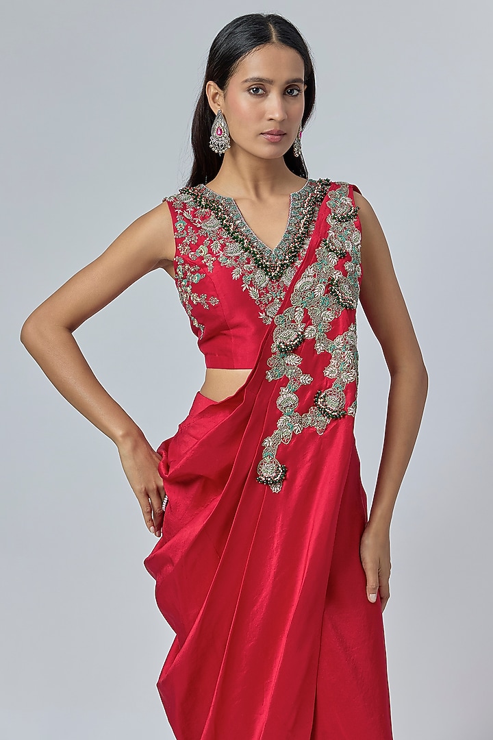 Red Silk Thread Embroidered Draped Skirt Wedding Saree Set by Prisho at Pernia's Pop Up Shop
