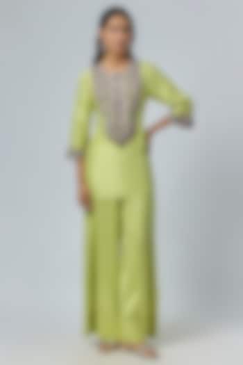 Lemon Green Silk Thread Embroidered Kurta Set by Prisho at Pernia's Pop Up Shop