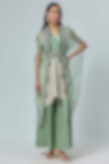 Aqua Organza Thread Embroidered Cape Set by Prisho at Pernia's Pop Up Shop