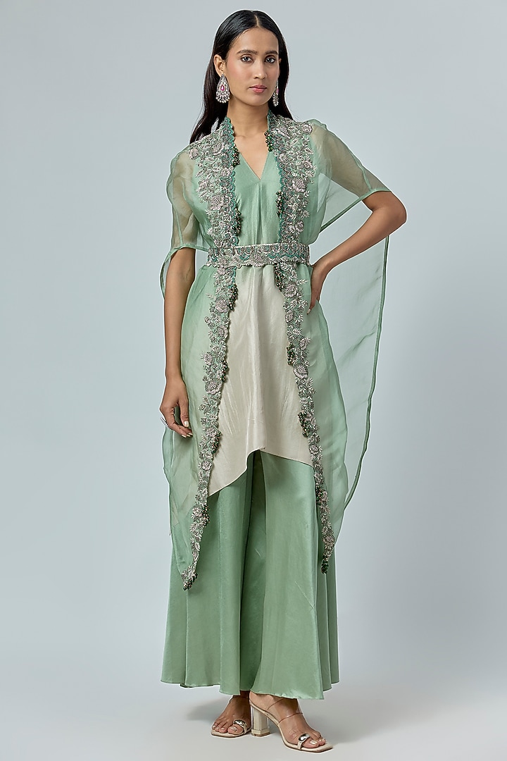 Aqua Organza Thread Embroidered Cape Set by Prisho at Pernia's Pop Up Shop