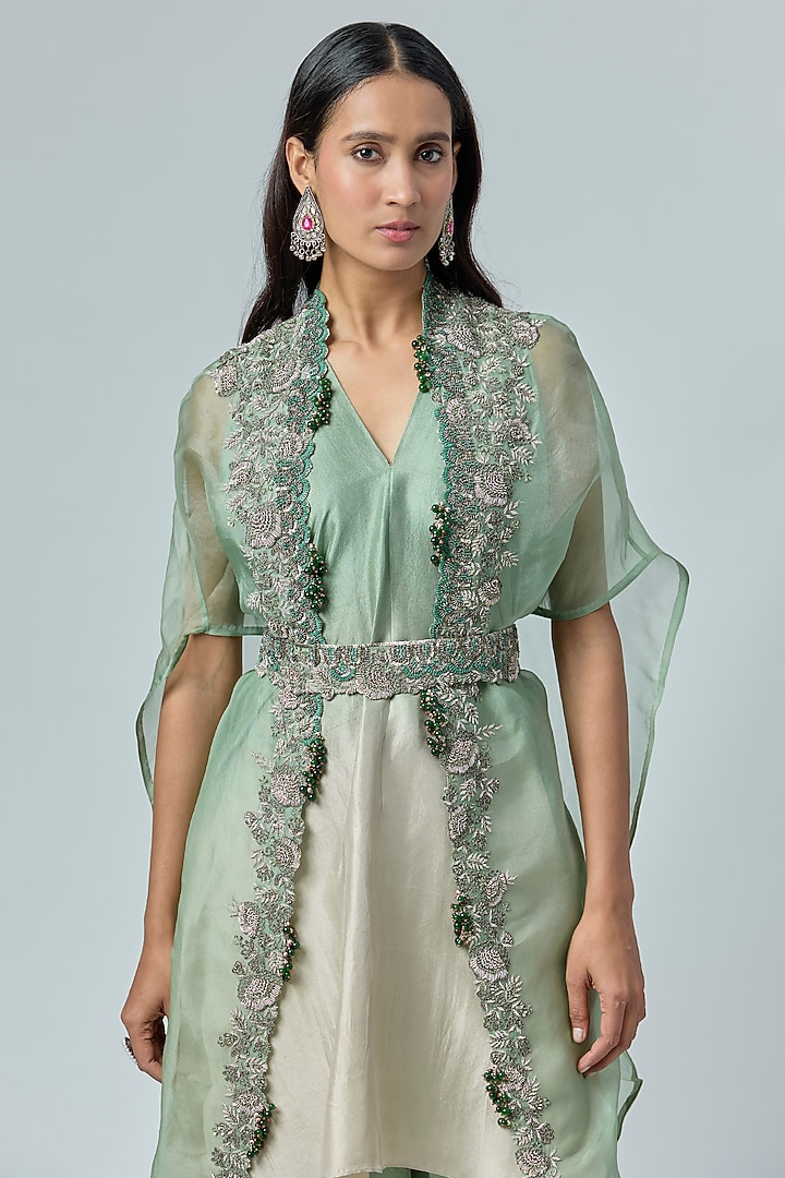 Aqua Organza Thread Embroidered Cape Set by Prisho at Pernia's Pop Up Shop
