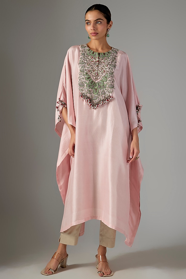 Flamingo Pink Silk Threadwork Kaftan Set by Prisho at Pernia's Pop Up Shop