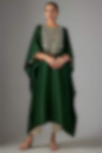 Bottle Green Silk Threadwork Kaftan Set by Prisho at Pernia's Pop Up Shop