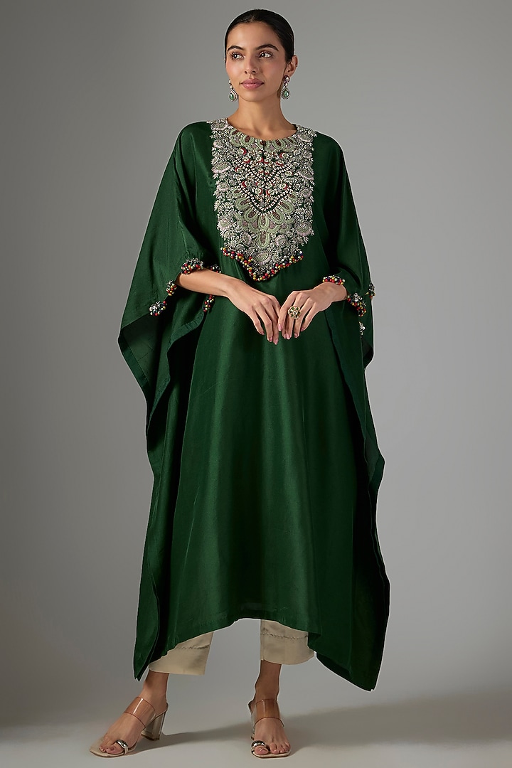 Bottle Green Silk Threadwork Kaftan Set by Prisho at Pernia's Pop Up Shop