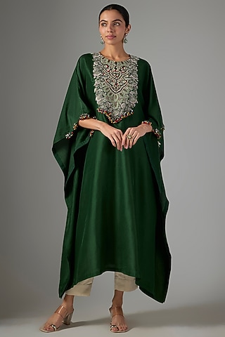 Bottle Green Silk Threadwork Kaftan Set by Prisho