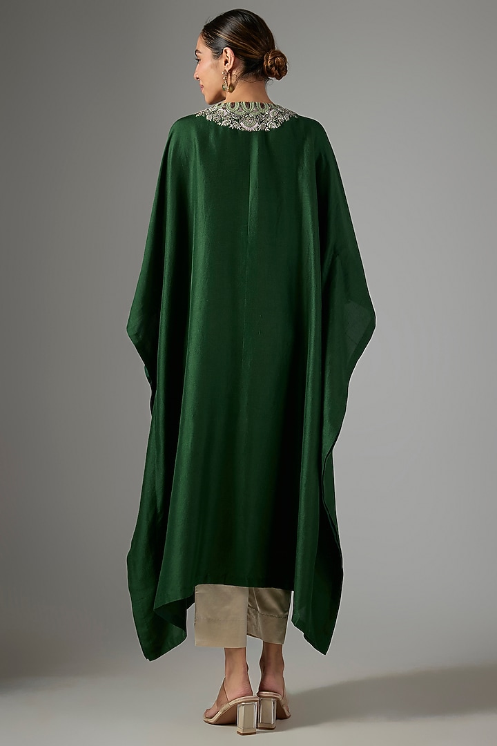 Bottle Green Silk Threadwork Kaftan Set by Prisho at Pernia's Pop Up Shop
