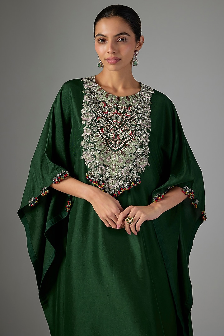Bottle Green Silk Threadwork Kaftan Set by Prisho at Pernia's Pop Up Shop