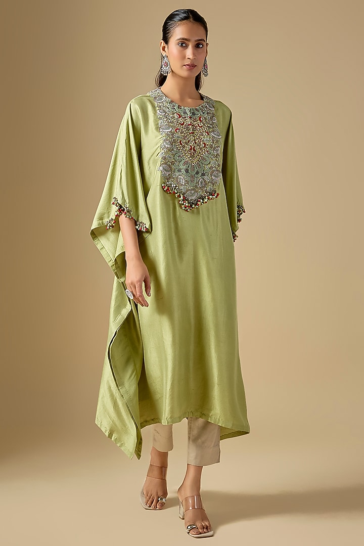 Sea Green Organza Thread Work Kaftan Set by Prisho at Pernia's Pop Up Shop