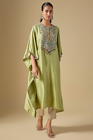 Sea Green Organza Thread Work Kaftan Set by Prisho