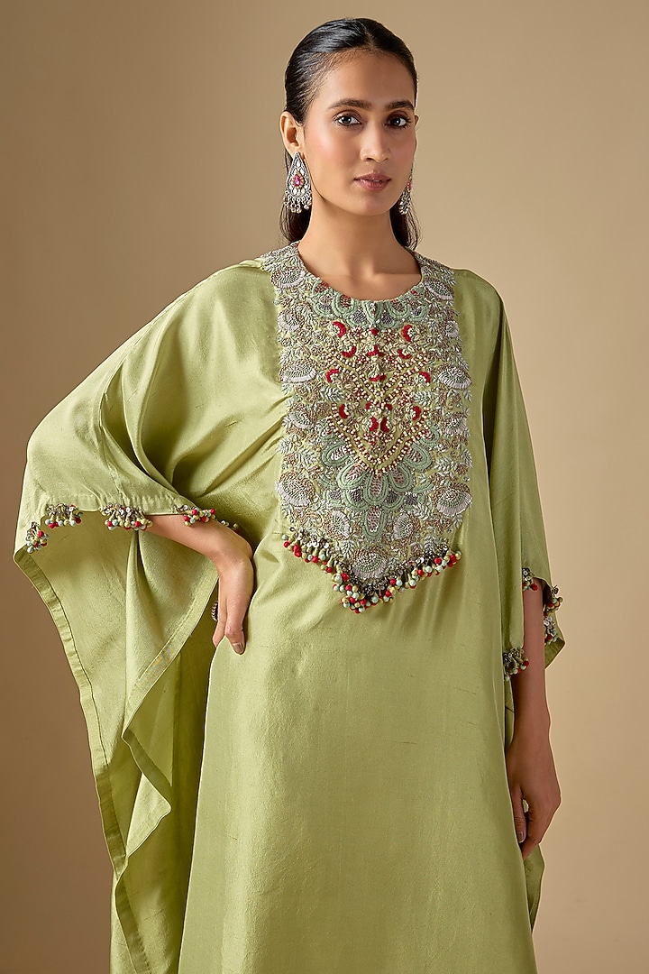 Sea Green Organza Thread Work Kaftan Set by Prisho at Pernia's Pop Up Shop