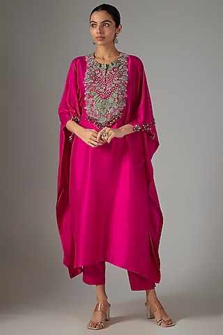 Fuchsia Silk Threadwork Kaftan Set by Prisho