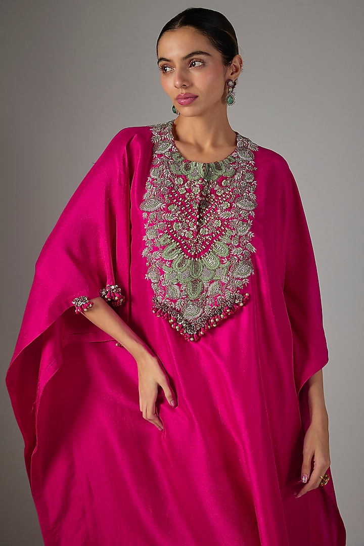 Fuchsia Silk Threadwork Kaftan Set by Prisho at Pernia's Pop Up Shop