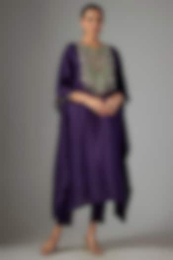 Dark Purple Silk Threadwork Kaftan Set by Prisho at Pernia's Pop Up Shop
