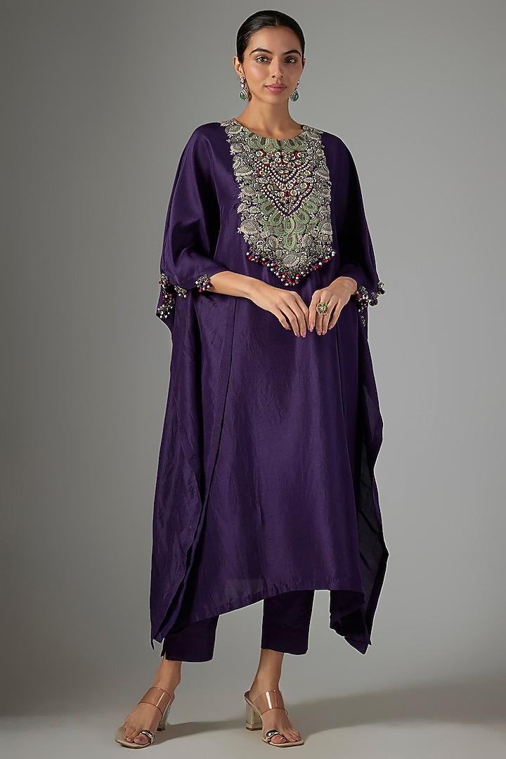 Dark Purple Silk Threadwork Kaftan Set by Prisho at Pernia's Pop Up Shop