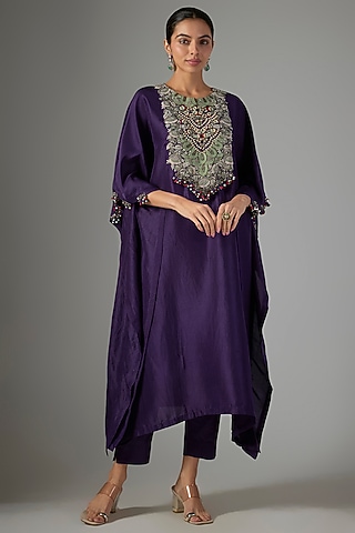Dark Purple Silk Threadwork Kaftan Set by Prisho