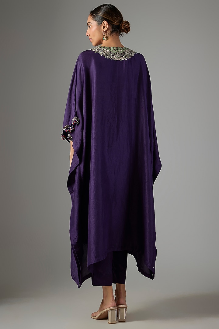 Dark Purple Silk Threadwork Kaftan Set by Prisho at Pernia's Pop Up Shop