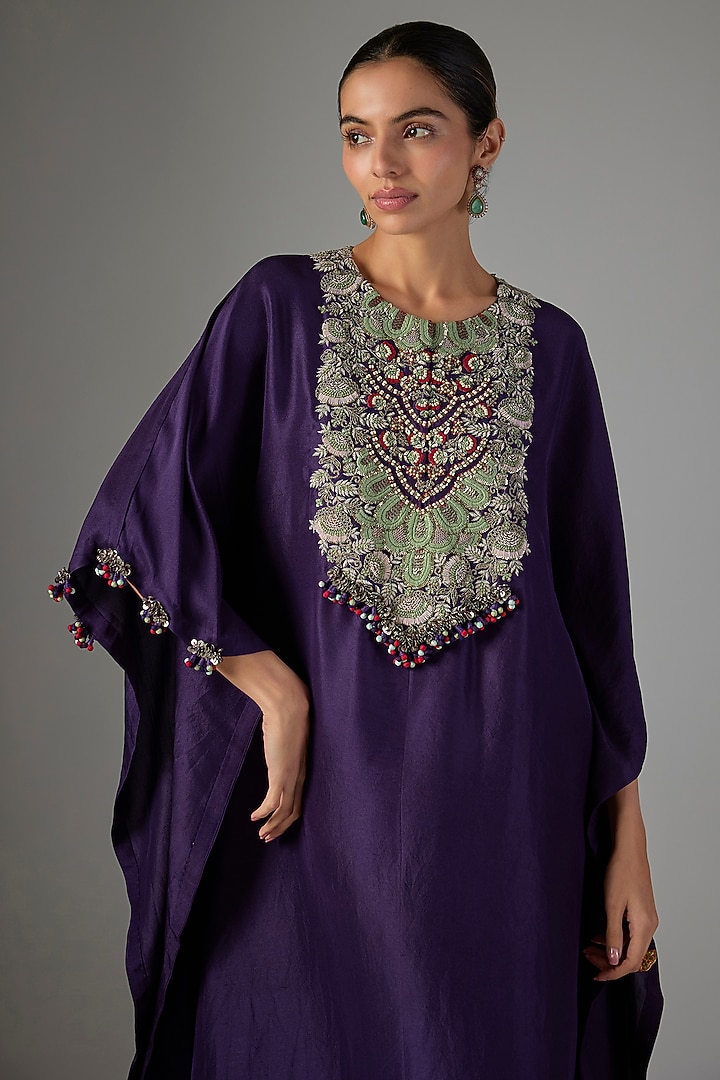 Dark Purple Silk Threadwork Kaftan Set by Prisho at Pernia's Pop Up Shop