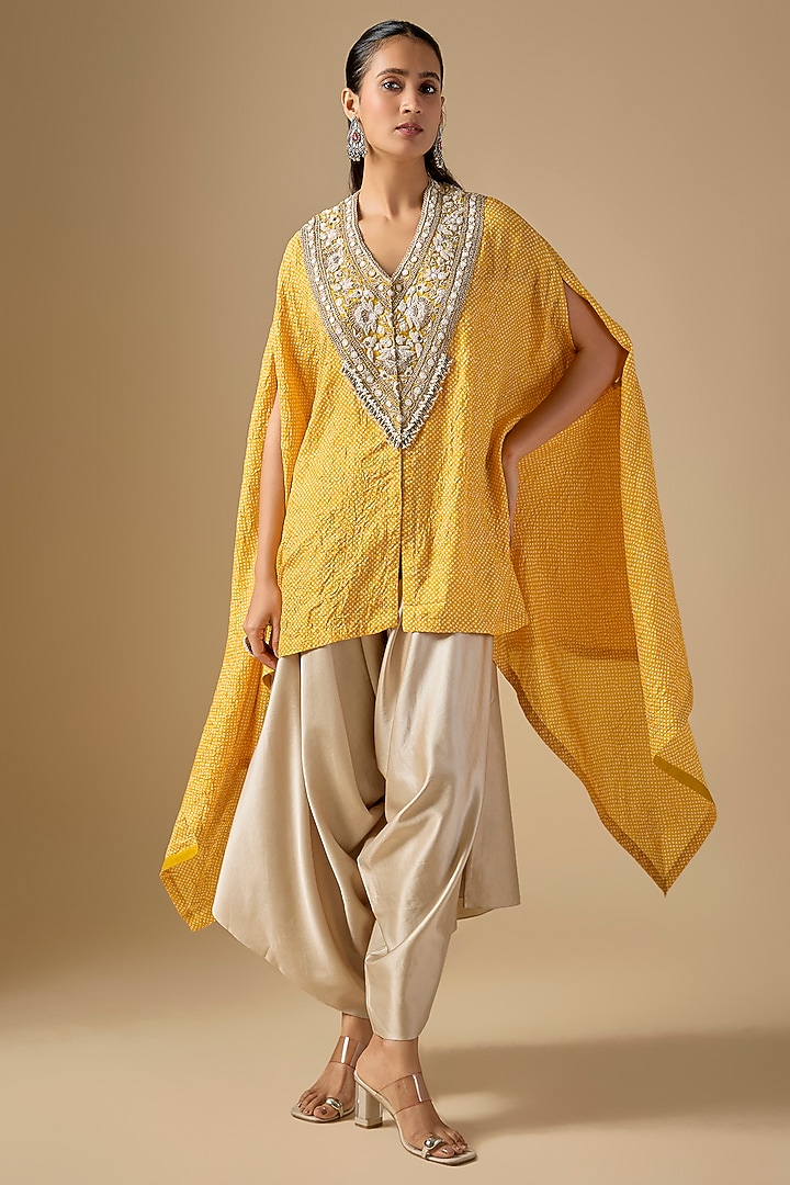 Mustard Bandhej Umbrella Kaftan Set by Prisho at Pernia's Pop Up Shop