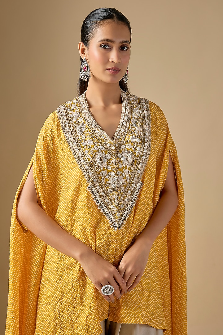 Mustard Bandhej Umbrella Kaftan Set by Prisho at Pernia's Pop Up Shop