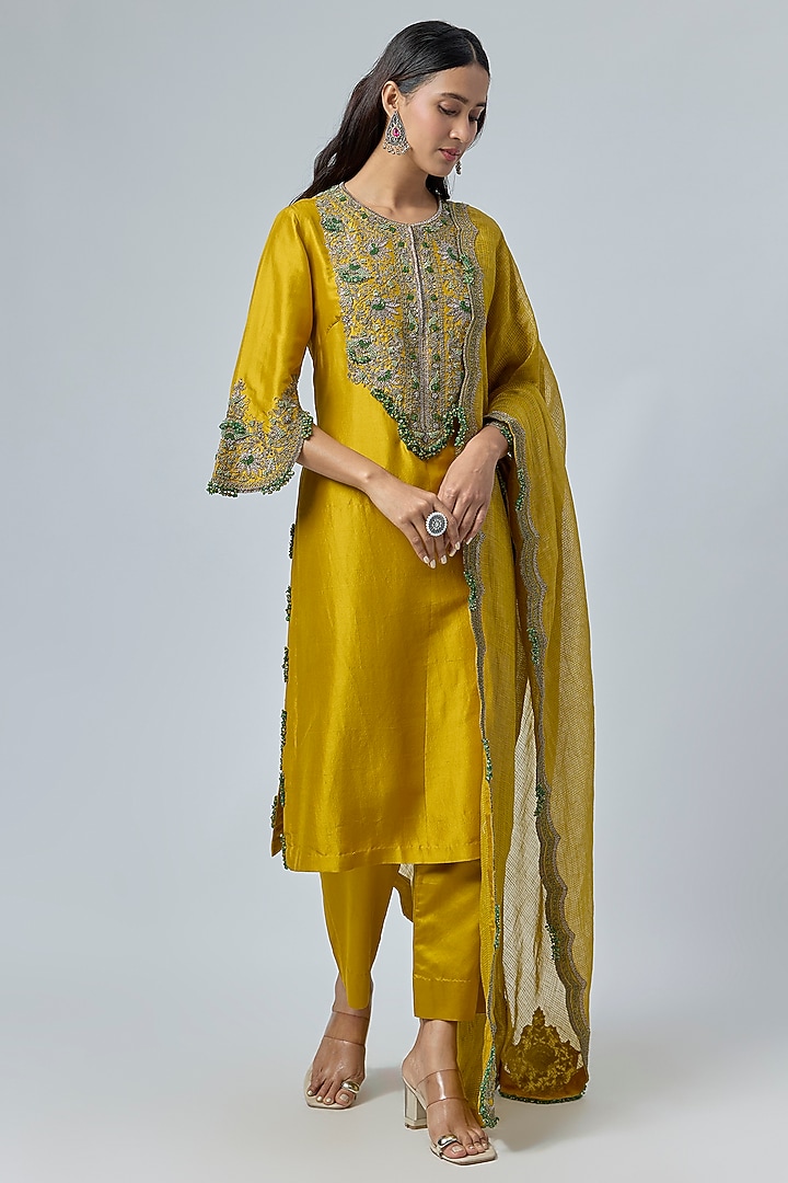 Mustard Silk Thread Embroidered Kurta Set by Prisho at Pernia's Pop Up Shop