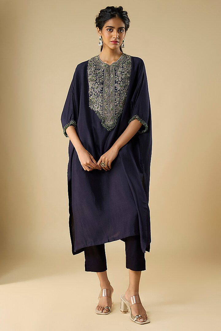 Royal Blue Silk Thread Work Kaftan Set by Prisho at Pernia's Pop Up Shop