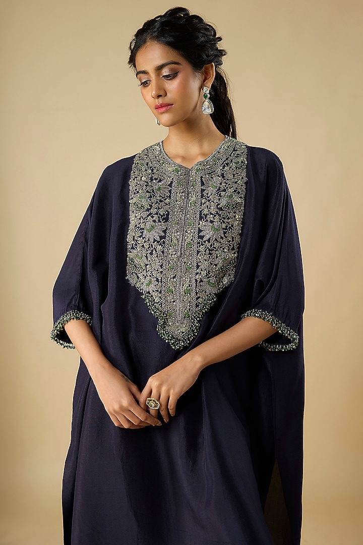Royal Blue Silk Thread Work Kaftan Set by Prisho at Pernia's Pop Up Shop