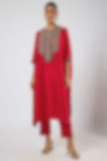 Cherry Red Silk Thread Embroidered Kaftan Set by Prisho at Pernia's Pop Up Shop