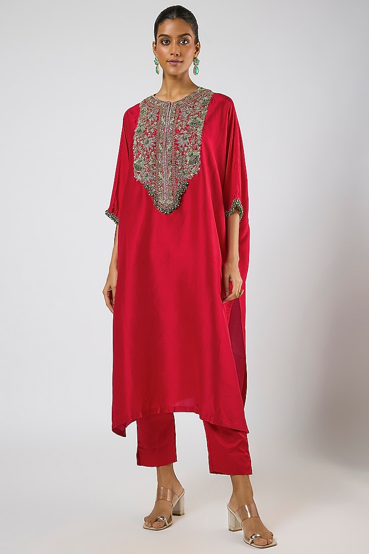 Cherry Red Silk Thread Embroidered Kaftan Set by Prisho at Pernia's Pop Up Shop