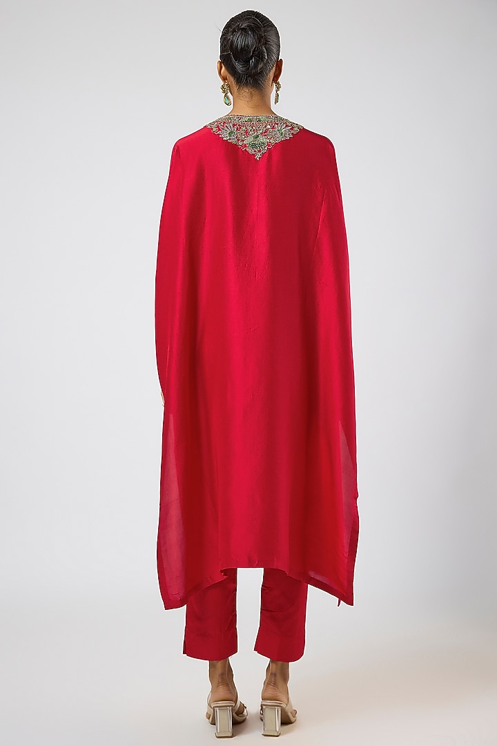 Cherry Red Silk Thread Embroidered Kaftan Set by Prisho at Pernia's Pop Up Shop