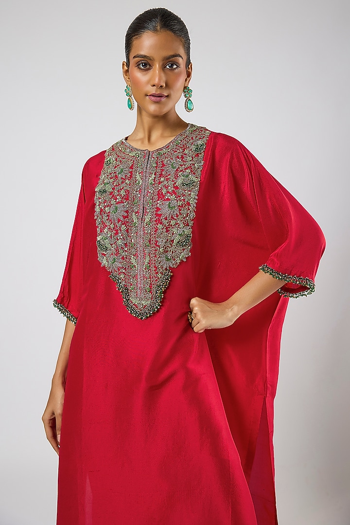 Cherry Red Silk Thread Embroidered Kaftan Set by Prisho at Pernia's Pop Up Shop