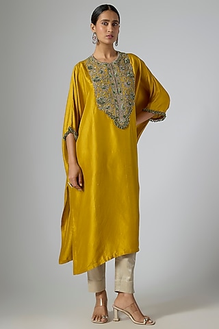 Mustard Silk Thread Embroidered Kaftan Set by Prisho