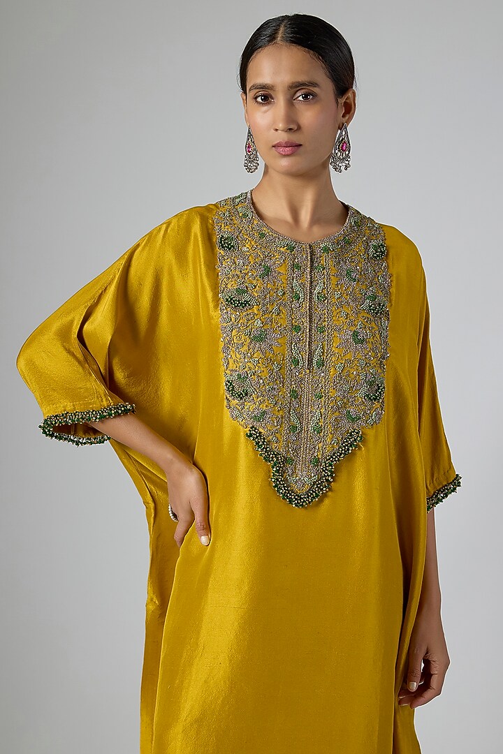 Mustard Silk Thread Embroidered Kaftan Set by Prisho at Pernia's Pop Up Shop