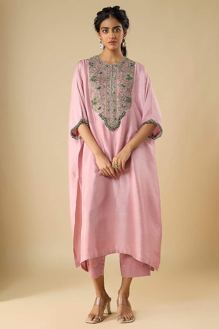 Deep Pink Silk Thread Work Kaftan Set by Prisho at Pernia's Pop Up Shop