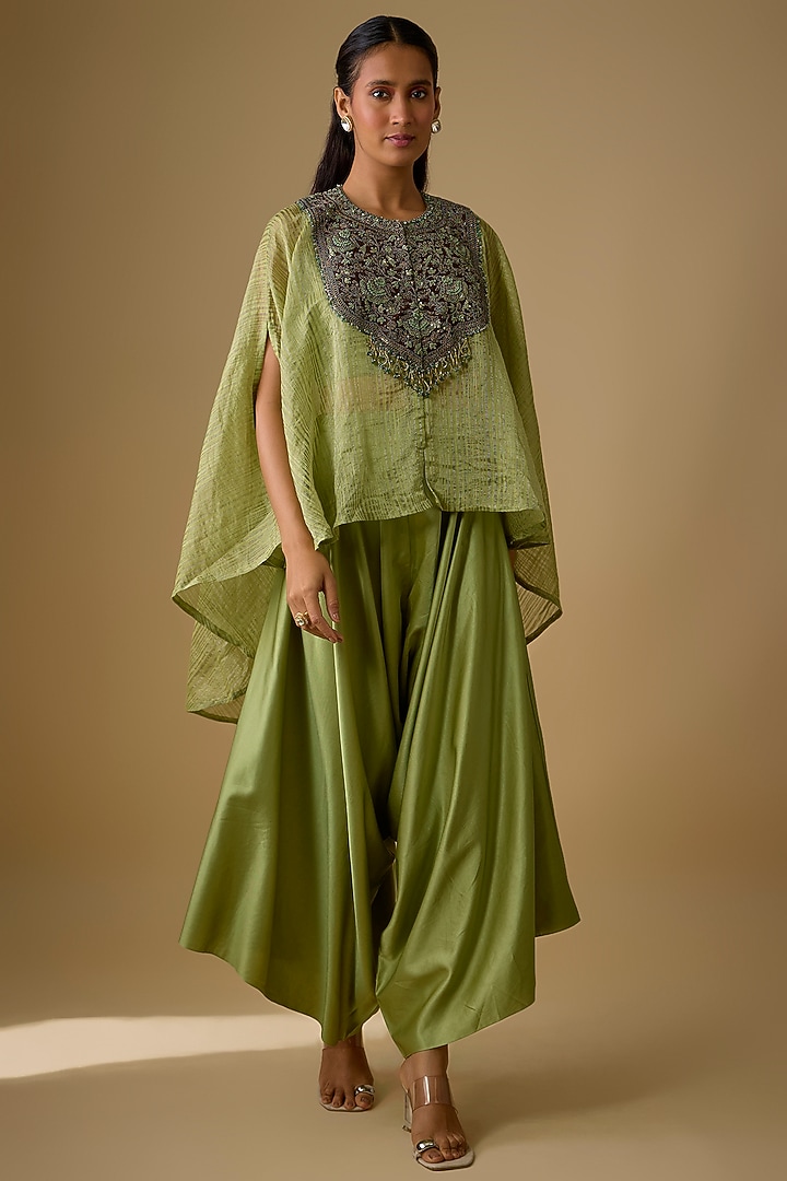 Sea Green Tissue Thread Work Cape Set by Prisho at Pernia's Pop Up Shop