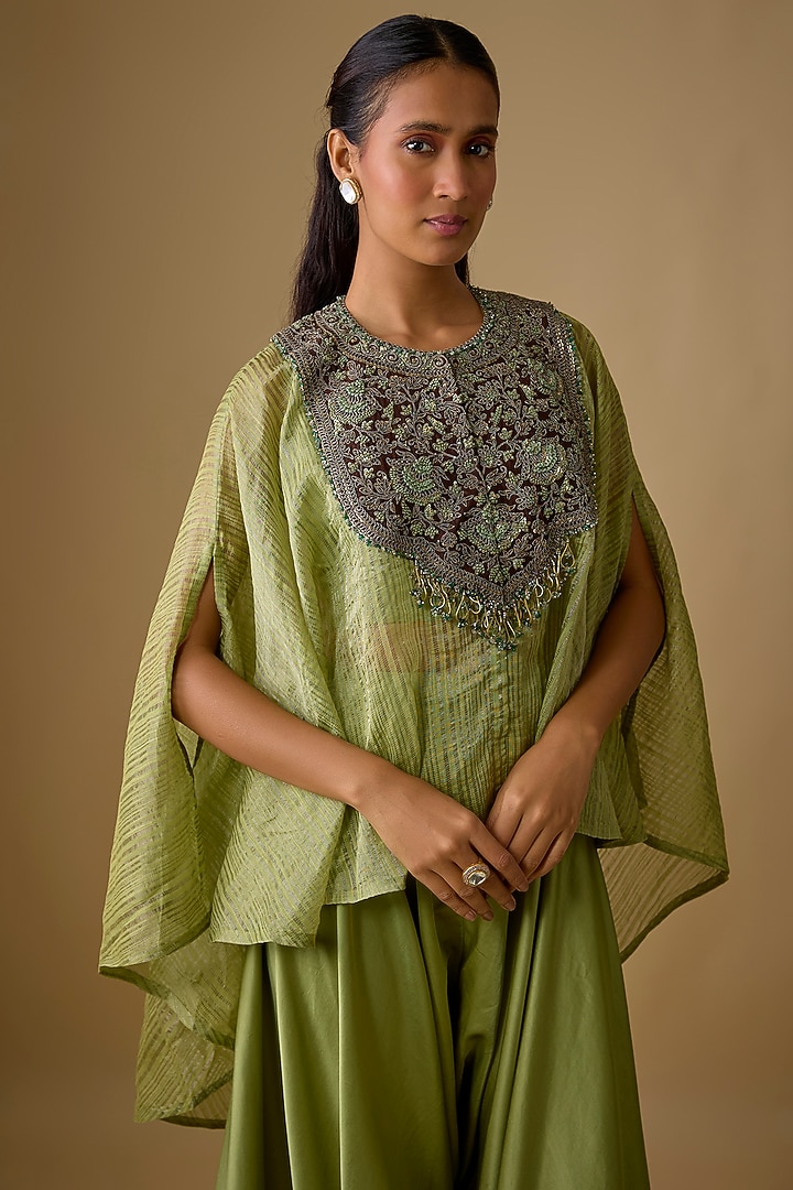 Sea Green Tissue Thread Work Cape Set by Prisho at Pernia's Pop Up Shop