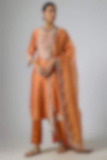 Rust Silk Resham Embroidered Kurta Set by Prisho at Pernia's Pop Up Shop