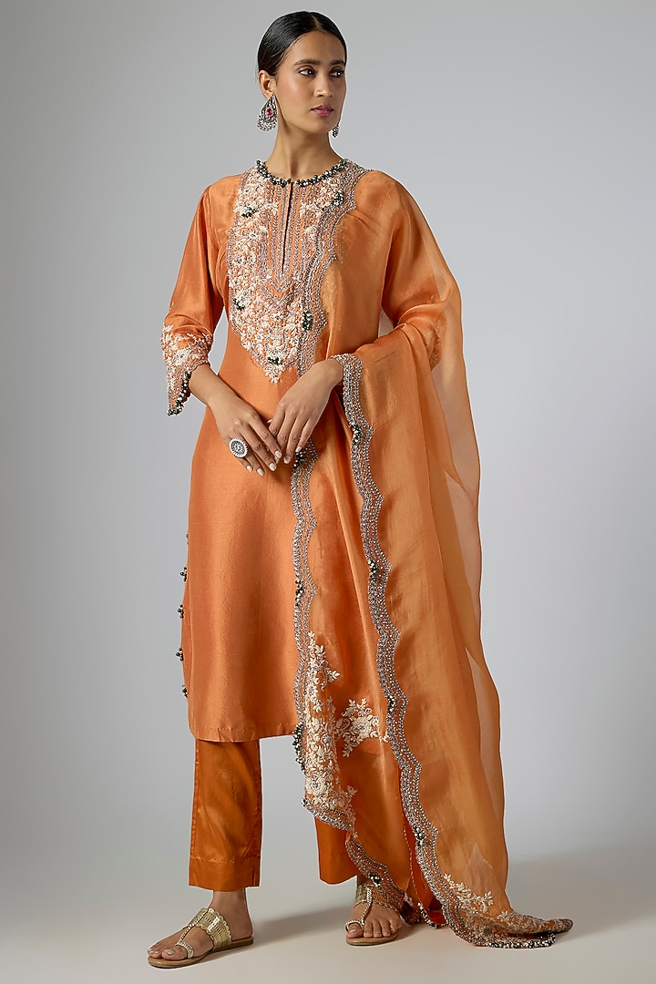 Rust Silk Resham Embroidered Kurta Set by Prisho at Pernia's Pop Up Shop