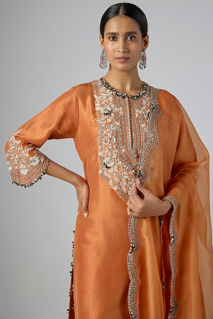 Rust Silk Resham Embroidered Kurta Set by Prisho at Pernia's Pop Up Shop