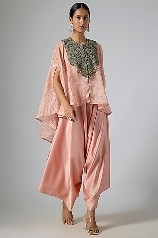 Pink Tissue Thread Embroidered Umbrella Kaftan Set by Prisho